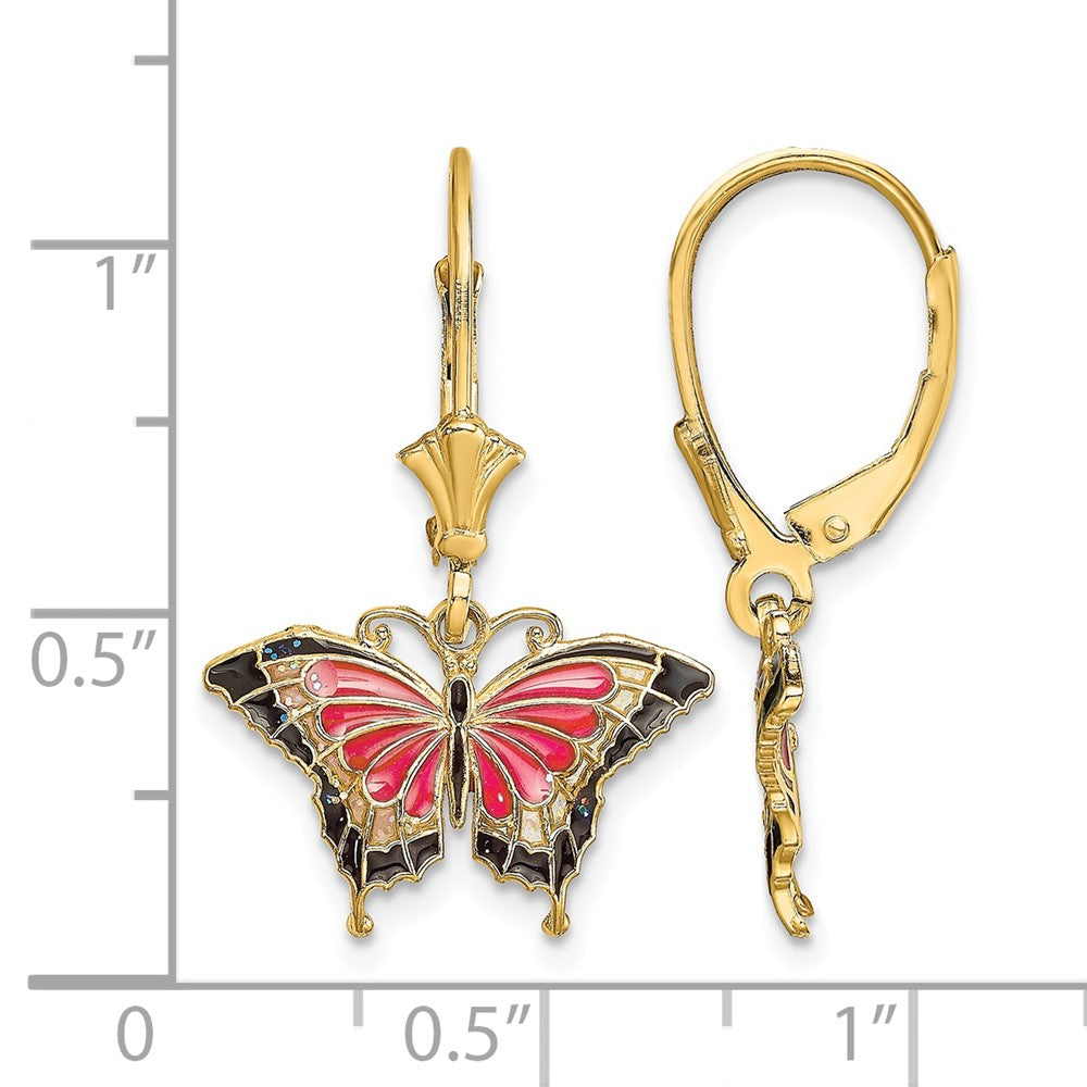14K Pink Enameled Butterfly Leverback Earrings