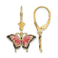 14K Pink Enameled Butterfly Leverback Earrings