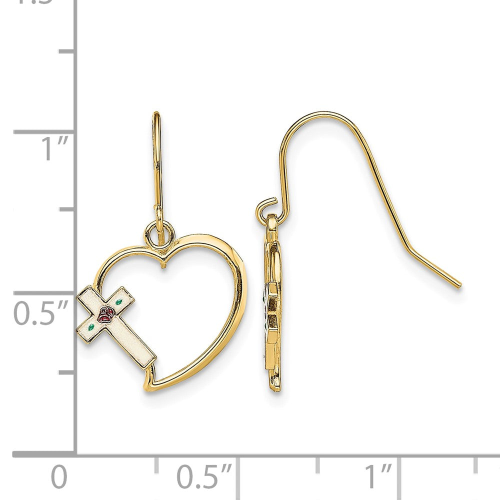 14K w/ Enamel Cross Heart Dangle Earrings