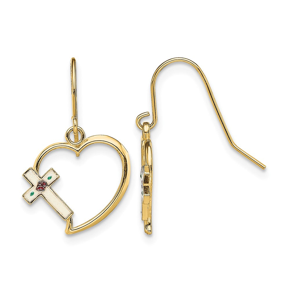 14K w/ Enamel Cross Heart Dangle Earrings