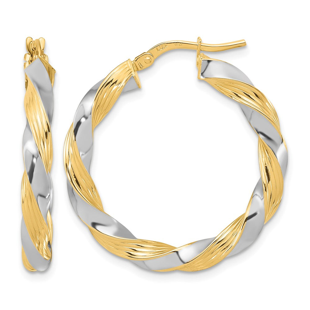 14k w/White Rhodium Polished Twisted Hoop Earrings