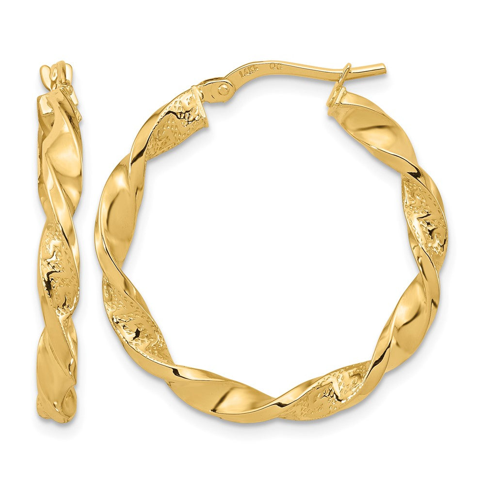 14k Polished and Textured Twisted Hoop Earrings