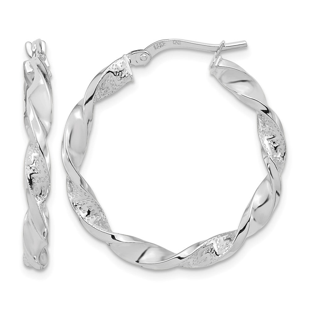 14k White Gold Polished and Textured Twisted Hoop Earrings