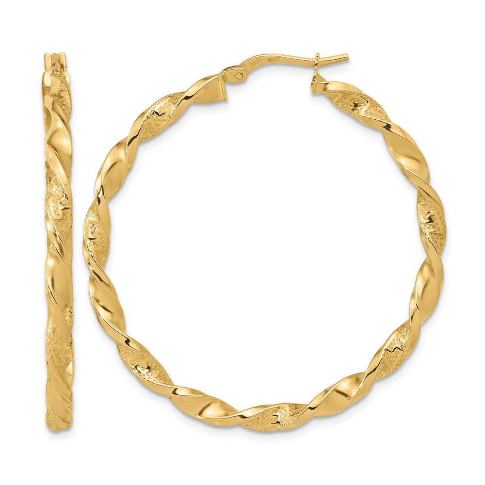 14K Polished and Textured Twisted Hoop Earrings