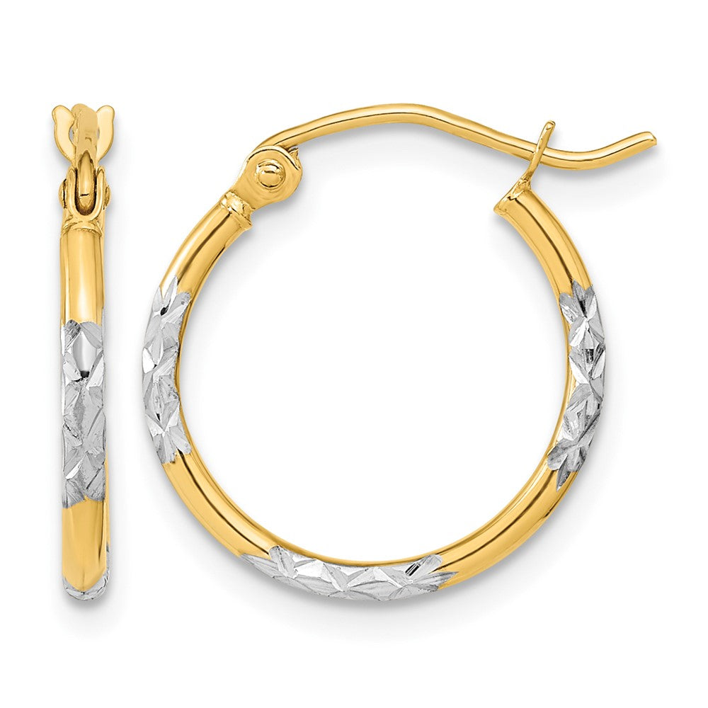 14k w/ White Rhodium Diamond-cut Hoop Earrings