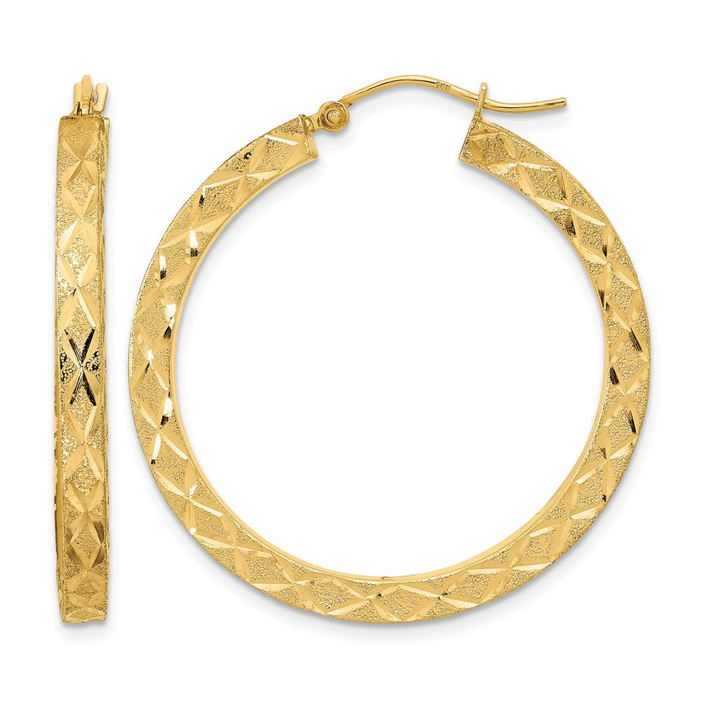 14K Satin Diamond-cut Hoop Earrings