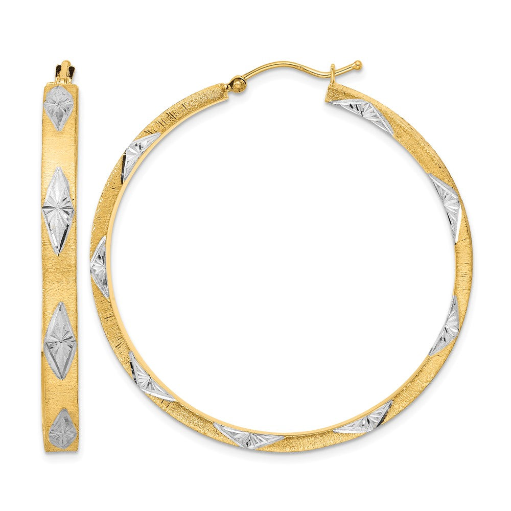 14K White Rhodium Polished Satin Diamond-cut Fancy Hoop Earrings