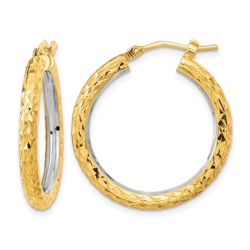 14k White Rhodium Polished Diamond-cut 3mm Circle Hoop Earrings