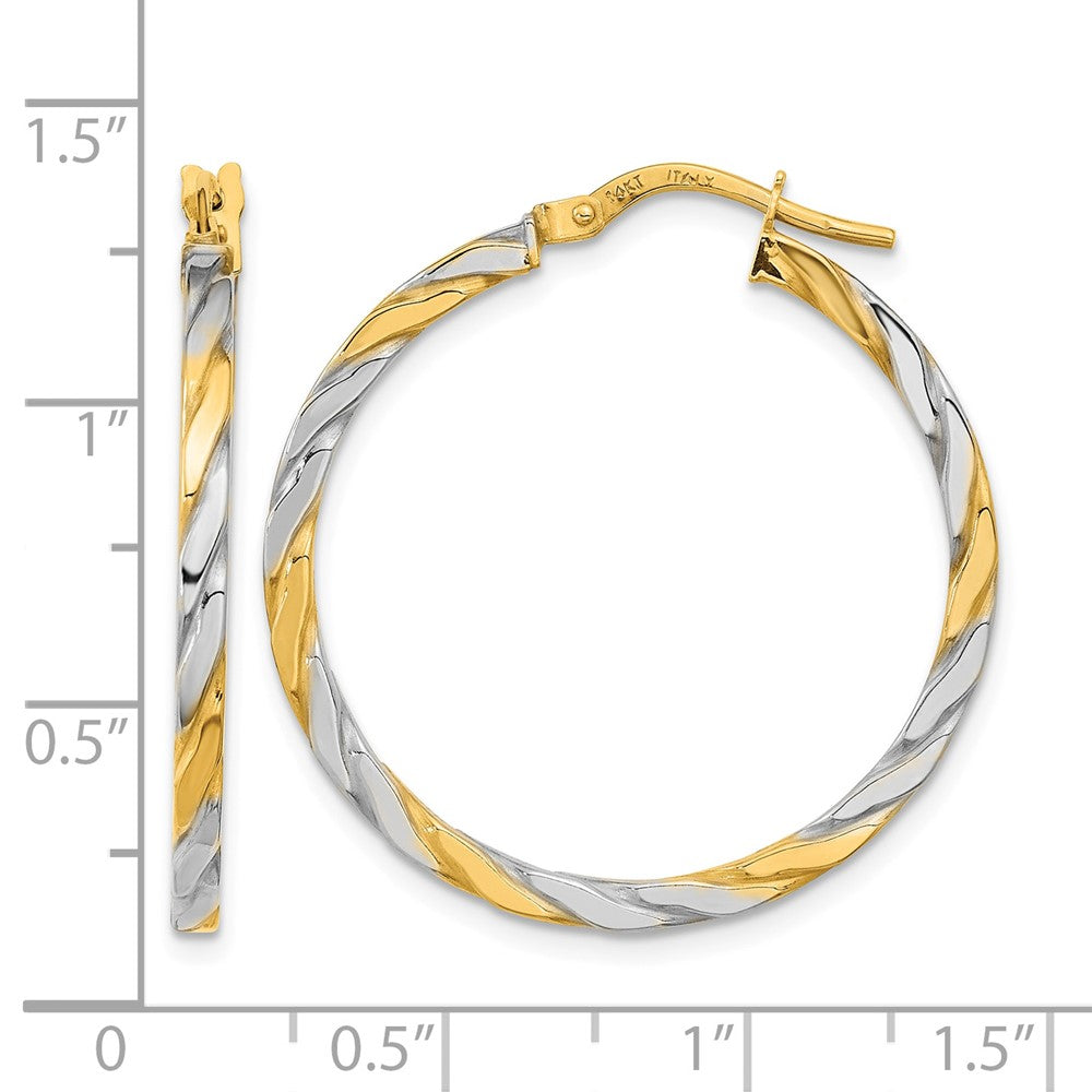 14K & White Rhodium Polished & Twist Hoop Earrings