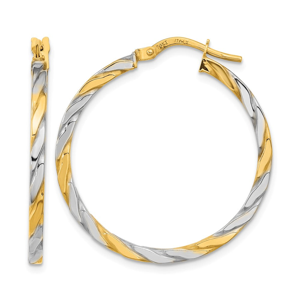 14K & White Rhodium Polished & Twist Hoop Earrings
