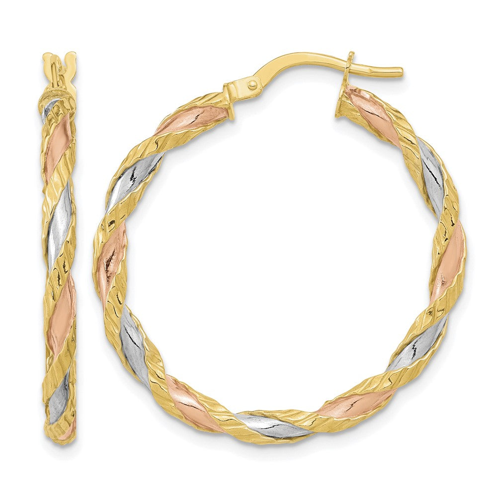 14K with Rose and White Rhodium Textured Twisted Hoop Earrings