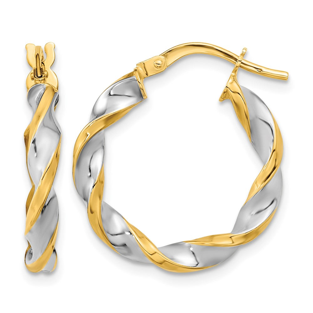 14K & White Rhodium Polished & Twist Hoop Earrings