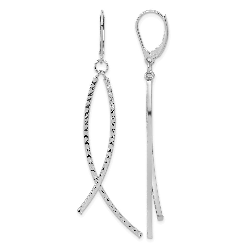 14K White Gold Polished Diamond Cut Fancy Dangle Leverback Earrings