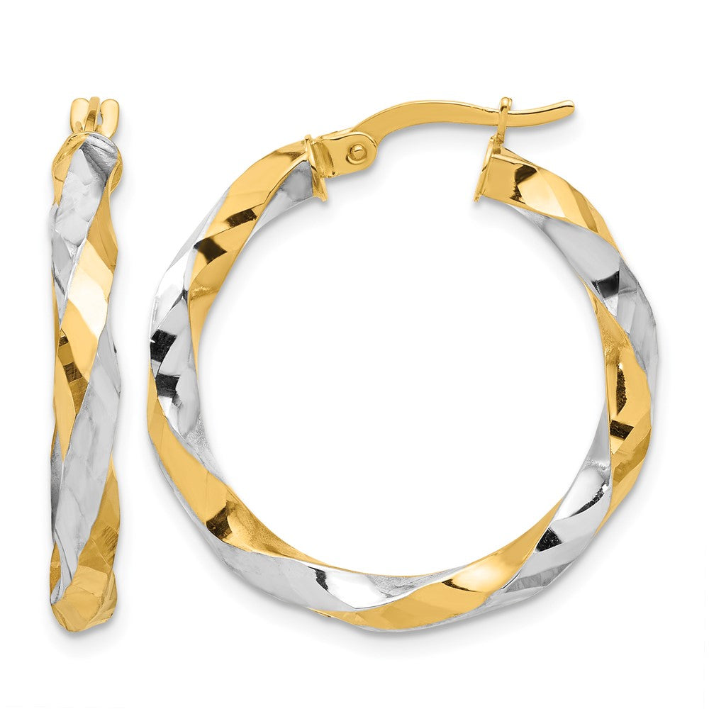 14K with White Rhodium Polished and Diamond-cut Twisted Hoop Earrings