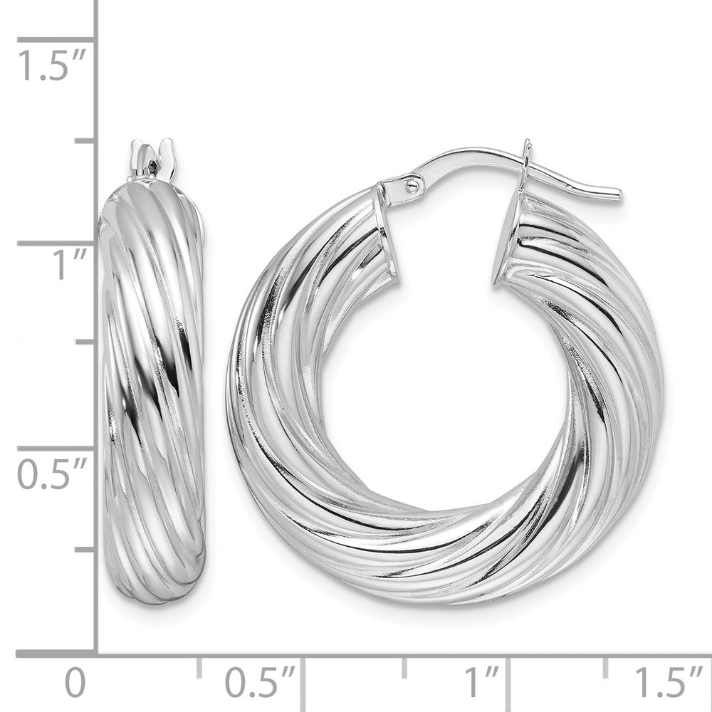 14k White Gold Polished 6mm Twisted Hollow Round Hoop Earrings