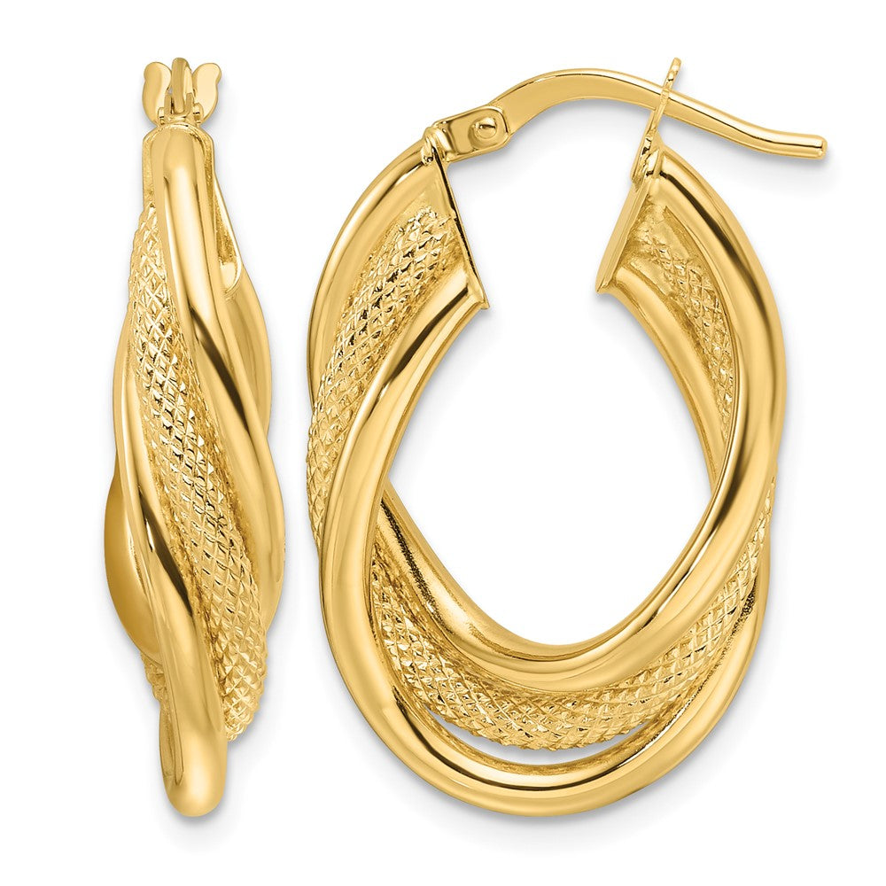 14ky Polished Textured & Intertwined Oval Hoop Earrings