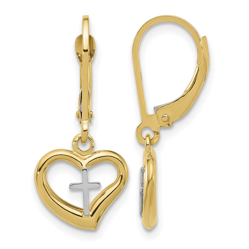 14K Two-tone Polished Cross in Heart Leverback Dangle Earrings