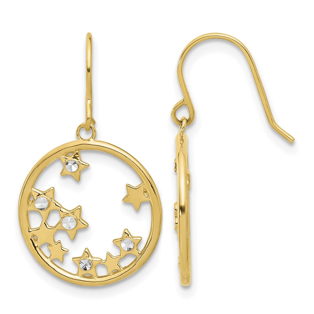 14k and White Rhodium D/C Stars in Circle Dangle Earrings