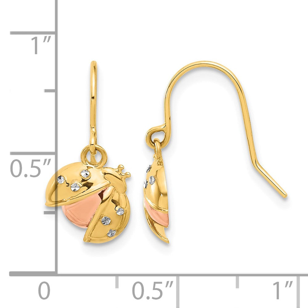 14k w/Rose and White Rhodium D/C Ladybug Dangle Earrings