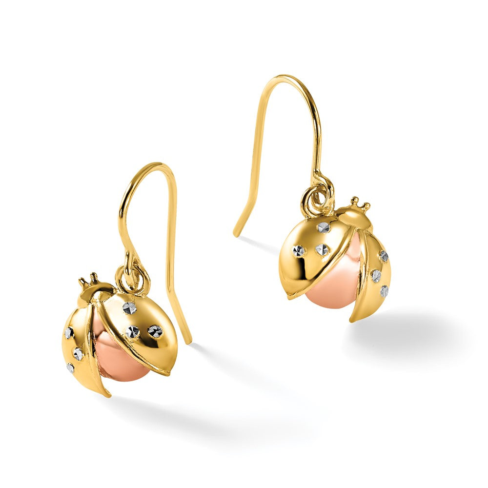 14k w/Rose and White Rhodium D/C Ladybug Dangle Earrings
