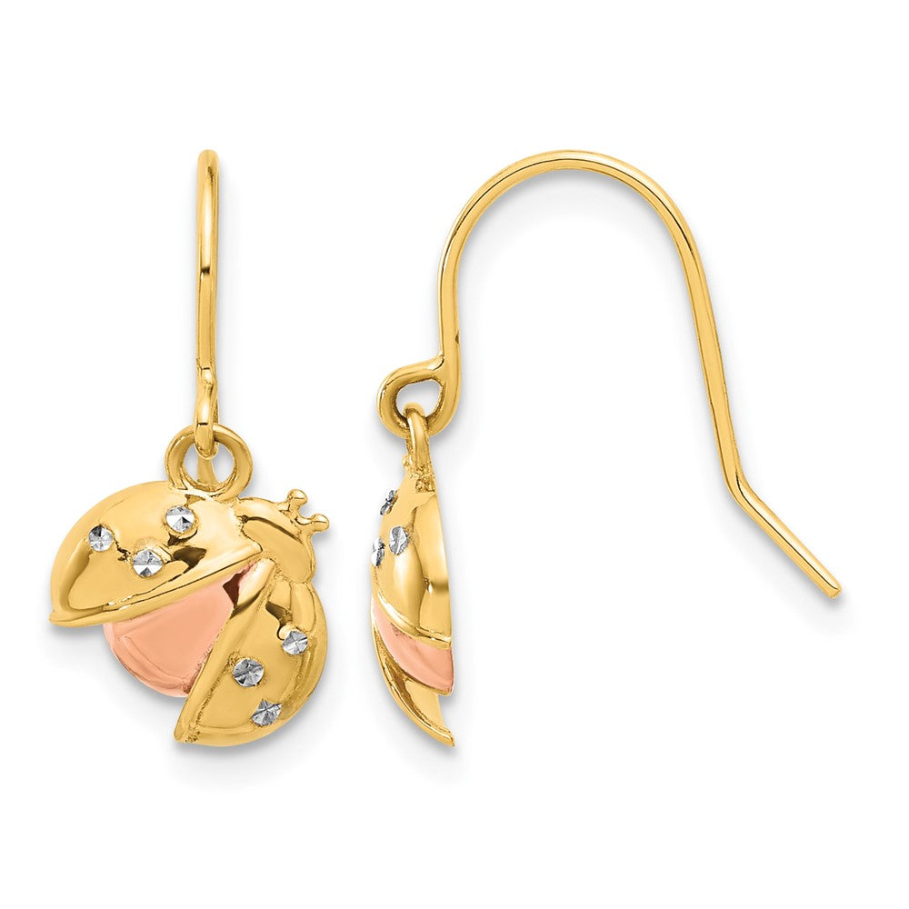 14k w/Rose and White Rhodium D/C Ladybug Dangle Earrings