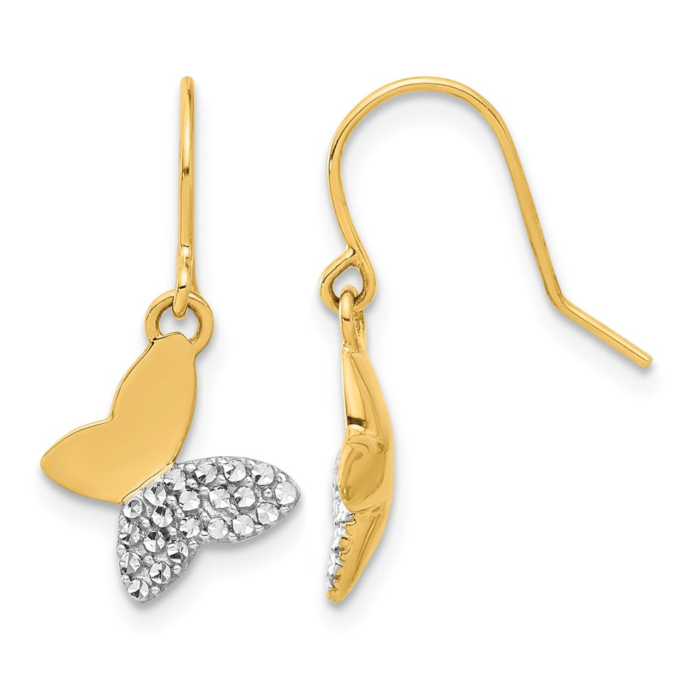 14k and White Rhodium D/C Butterfly Dangle Earrings