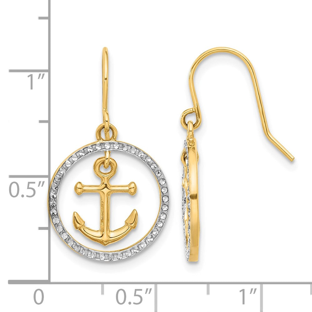 14k and White Rhodium D/C Anchor Dangle in Circle Dangle Earrings