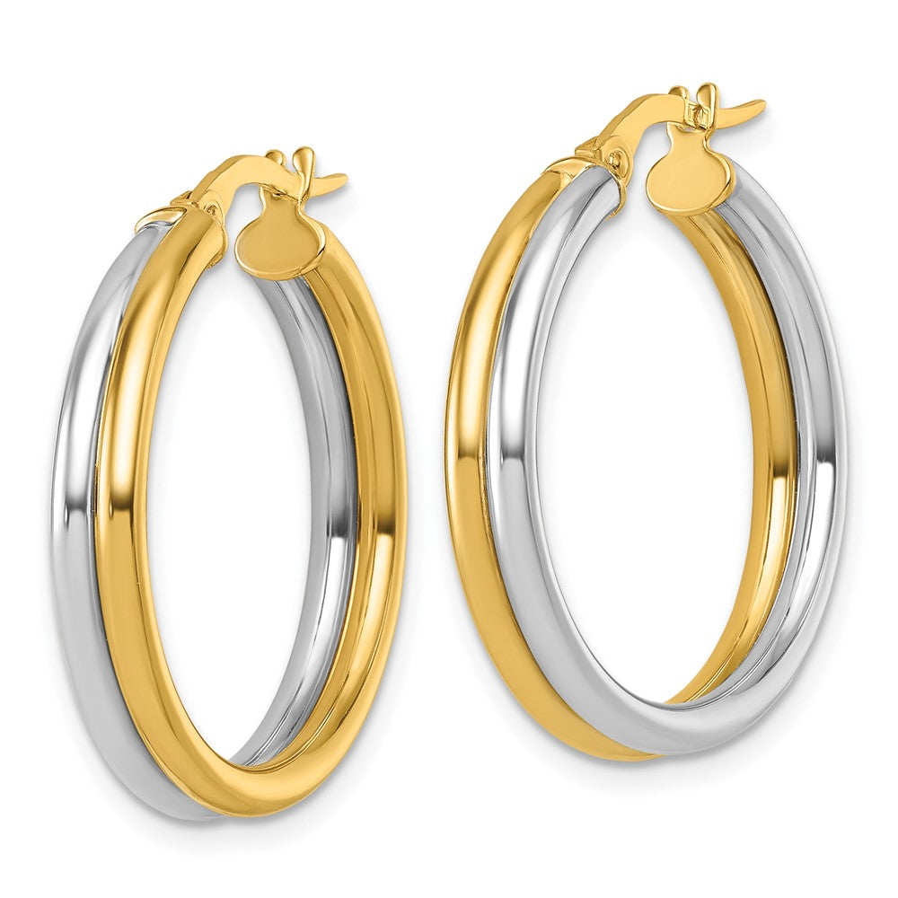 14K with White Rhodium Polished Round Hoop Earrings