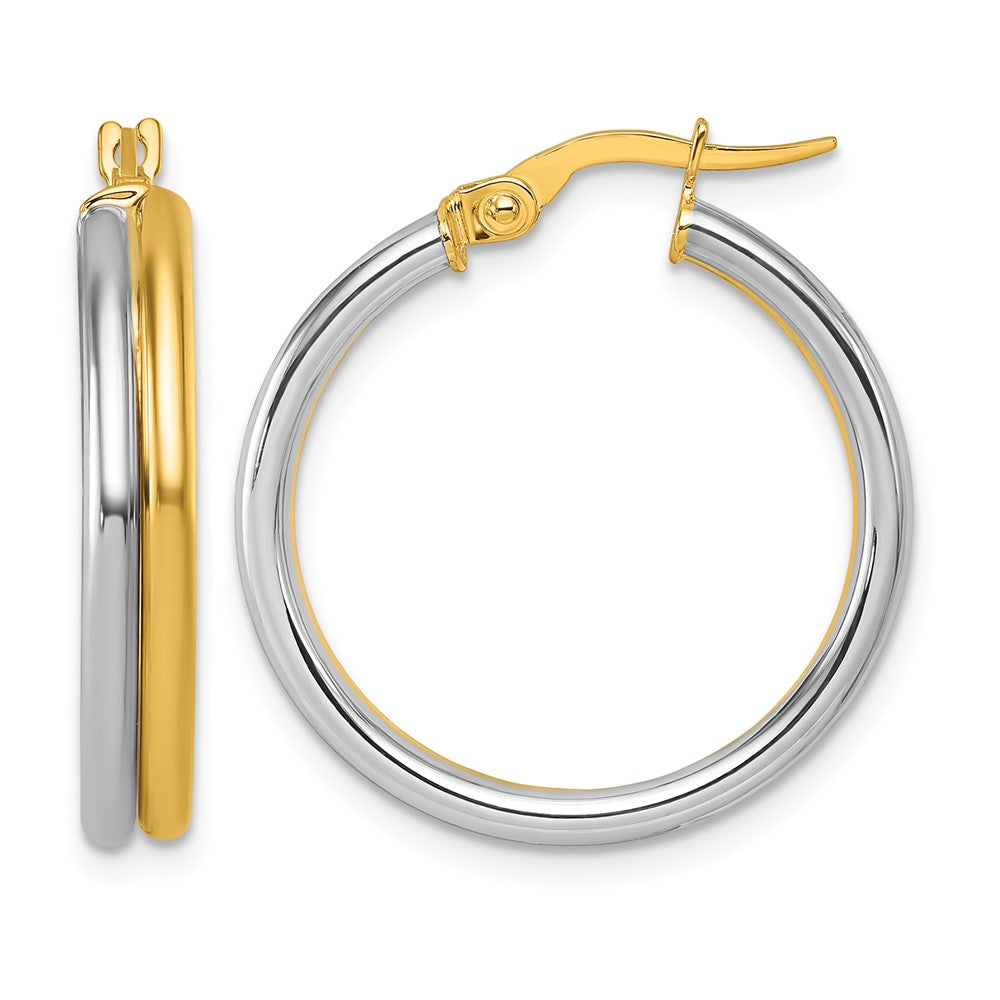 14K with White Rhodium Polished Round Hoop Earrings