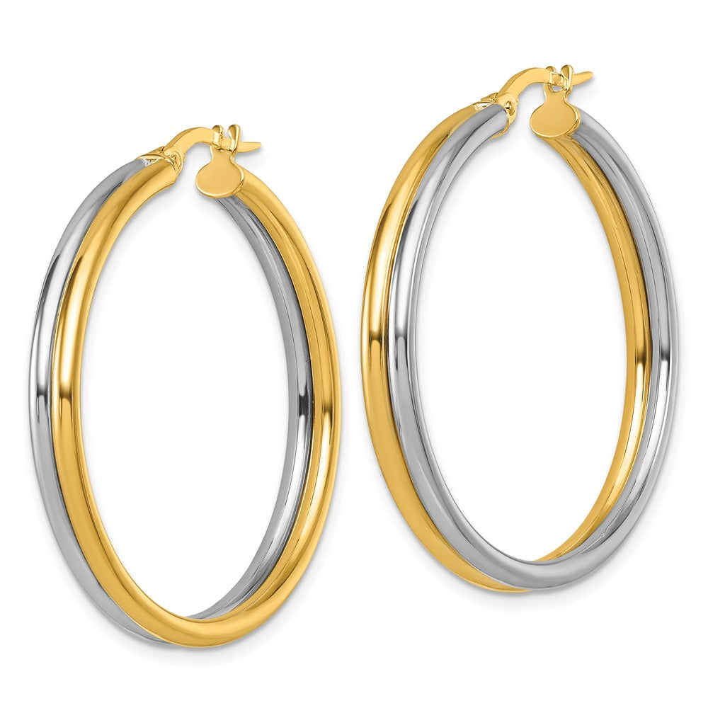 14K with White Rhodium Polished Round Hoop Earrings