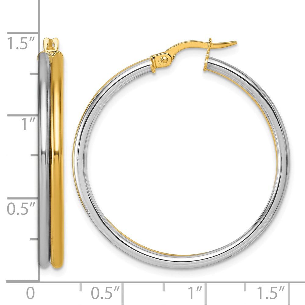 14K with White Rhodium Polished Round Hoop Earrings