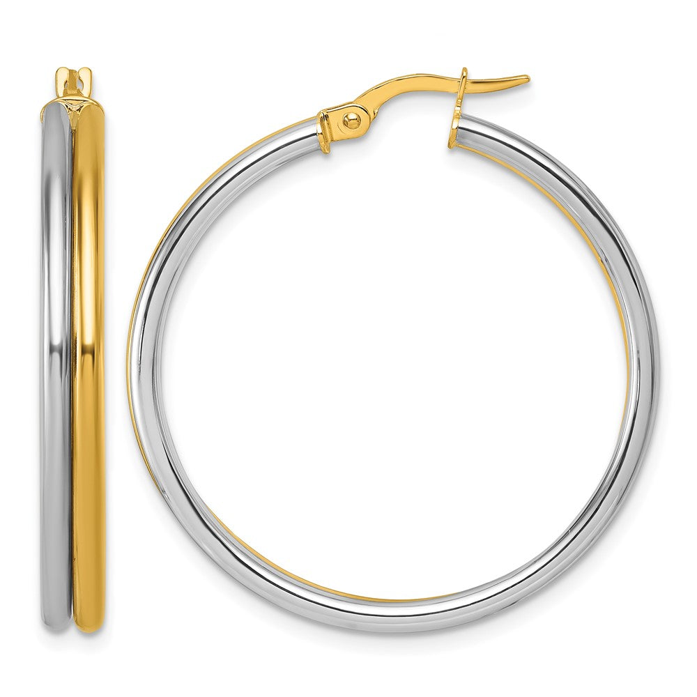 14K with White Rhodium Polished Round Hoop Earrings