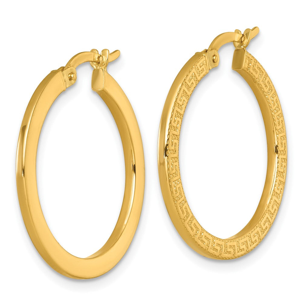 14k Polished Textured Greek Key Hoop Earrings