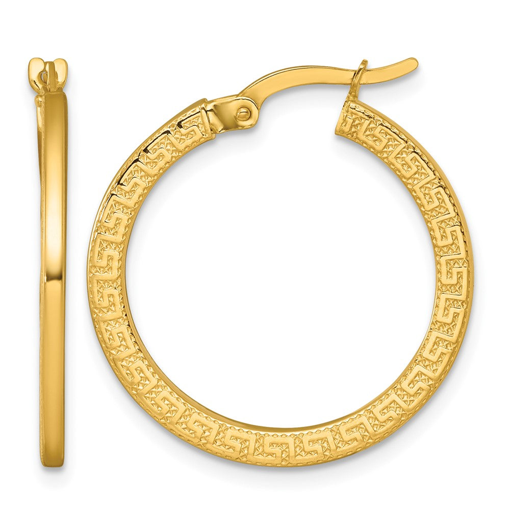 14k Polished Textured Greek Key Hoop Earrings