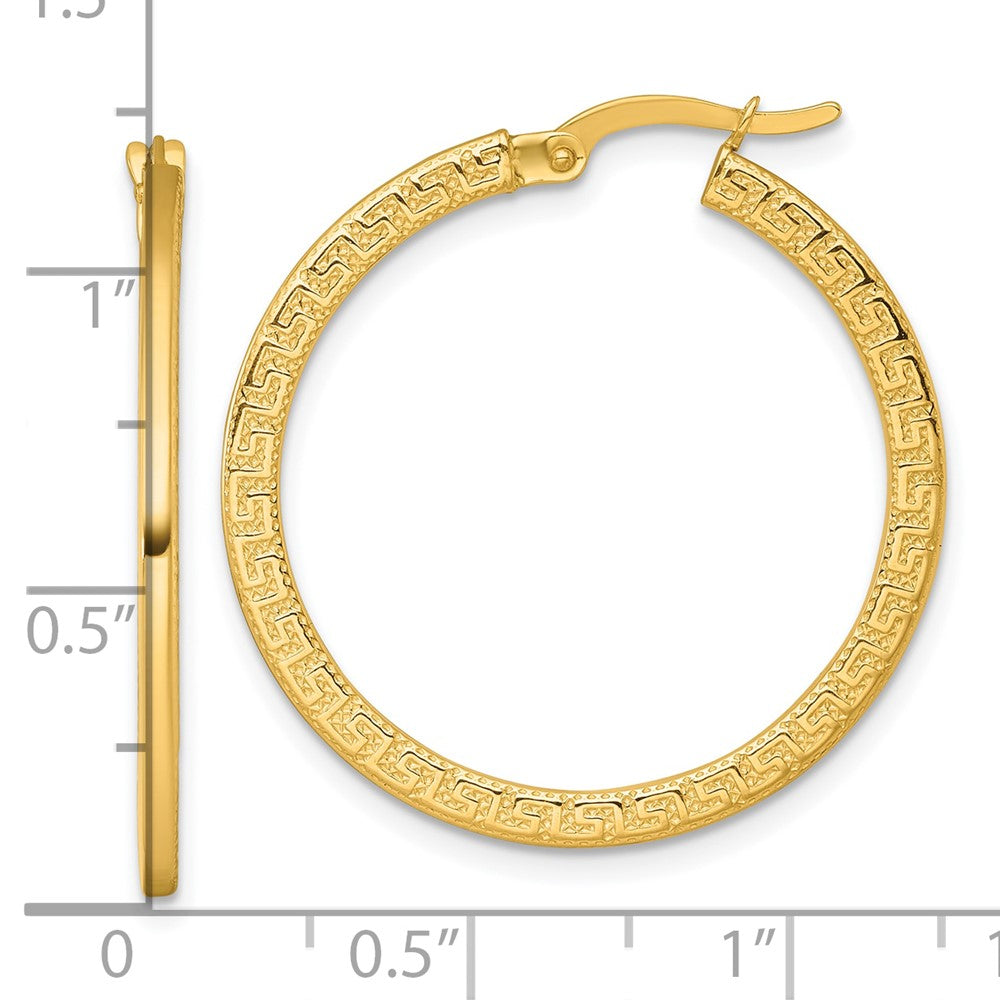 14k Polished Textured Greek Key Hoop Earrings