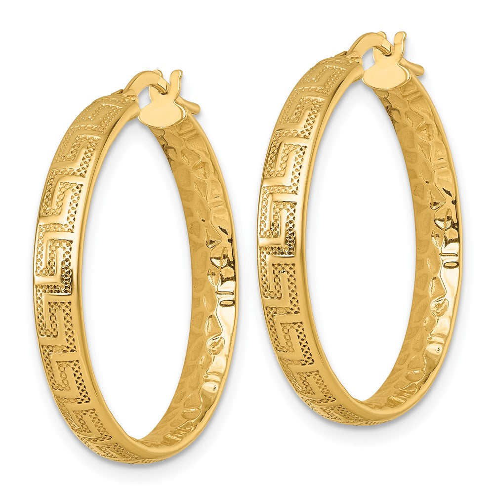 14K Polished Textured 4mm Greek Key Textured Inside Hinged Hoop Earrings
