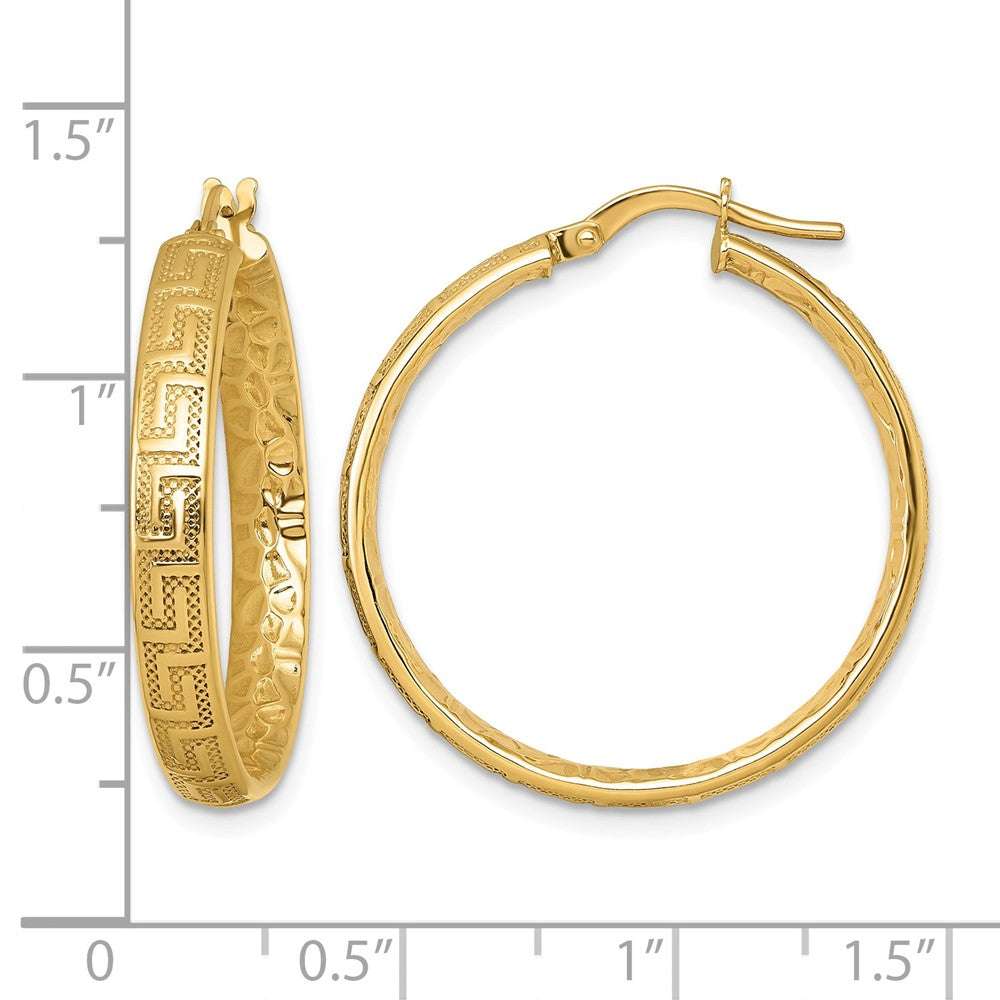 14K Polished Textured 4mm Greek Key Textured Inside Hinged Hoop Earrings