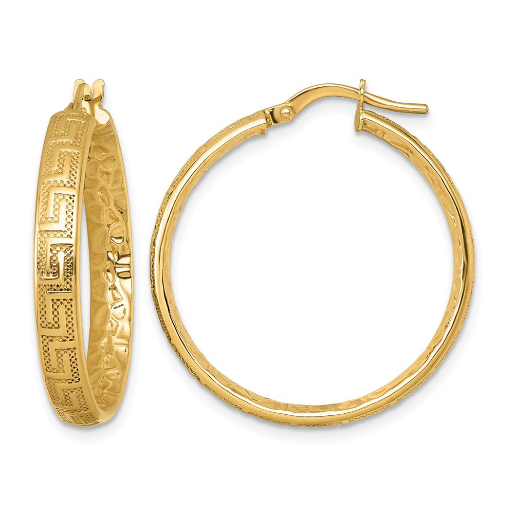 14K Polished Textured 4mm Greek Key Textured Inside Hinged Hoop Earrings