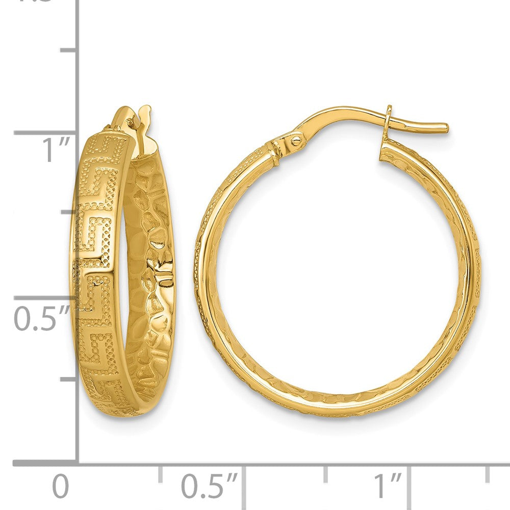 14K Polished Textured 4mm Greek Key Textured Inside Hinged Hoop Earrings
