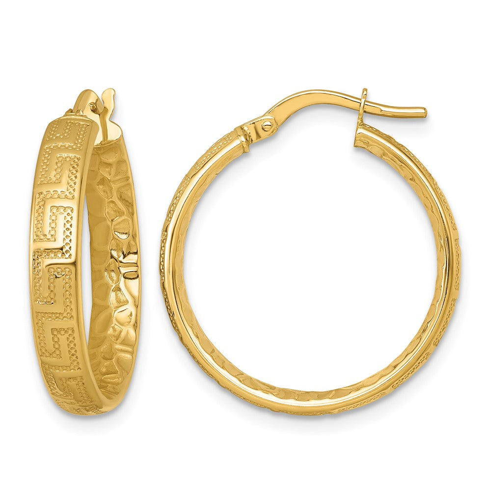 14K Polished Textured 4mm Greek Key Textured Inside Hinged Hoop Earrings