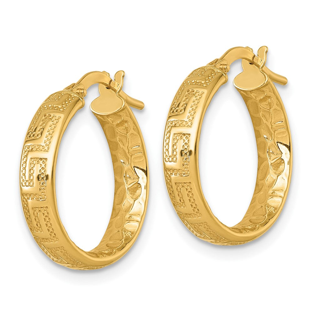 14K Polished Textured 4mm Greek Key Textured Inside Hinged Hoop Earrings