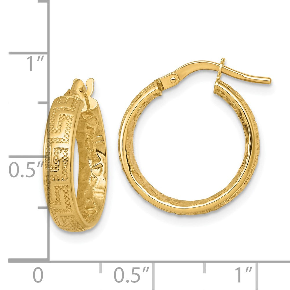 14K Polished Textured 4mm Greek Key Textured Inside Hinged Hoop Earrings
