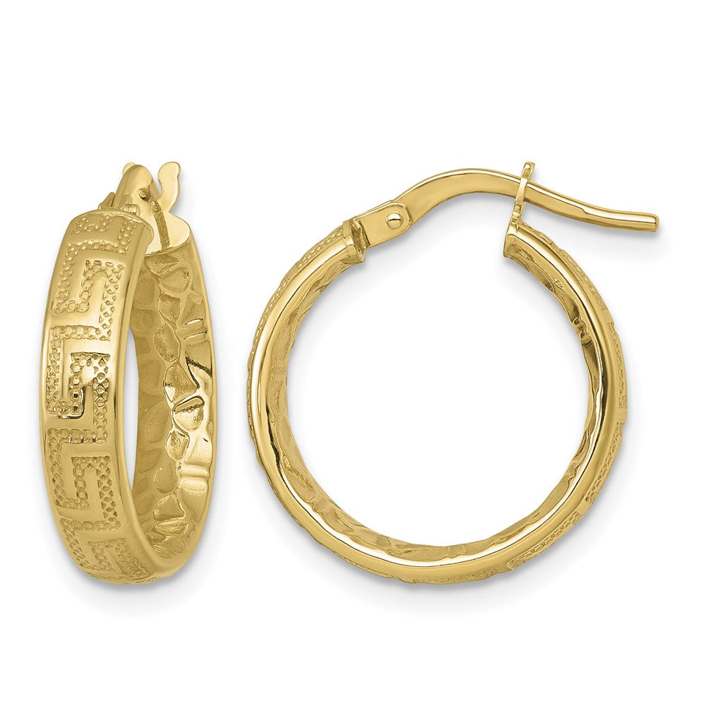 14K Polished Textured 4mm Greek Key Textured Inside Hinged Hoop Earrings