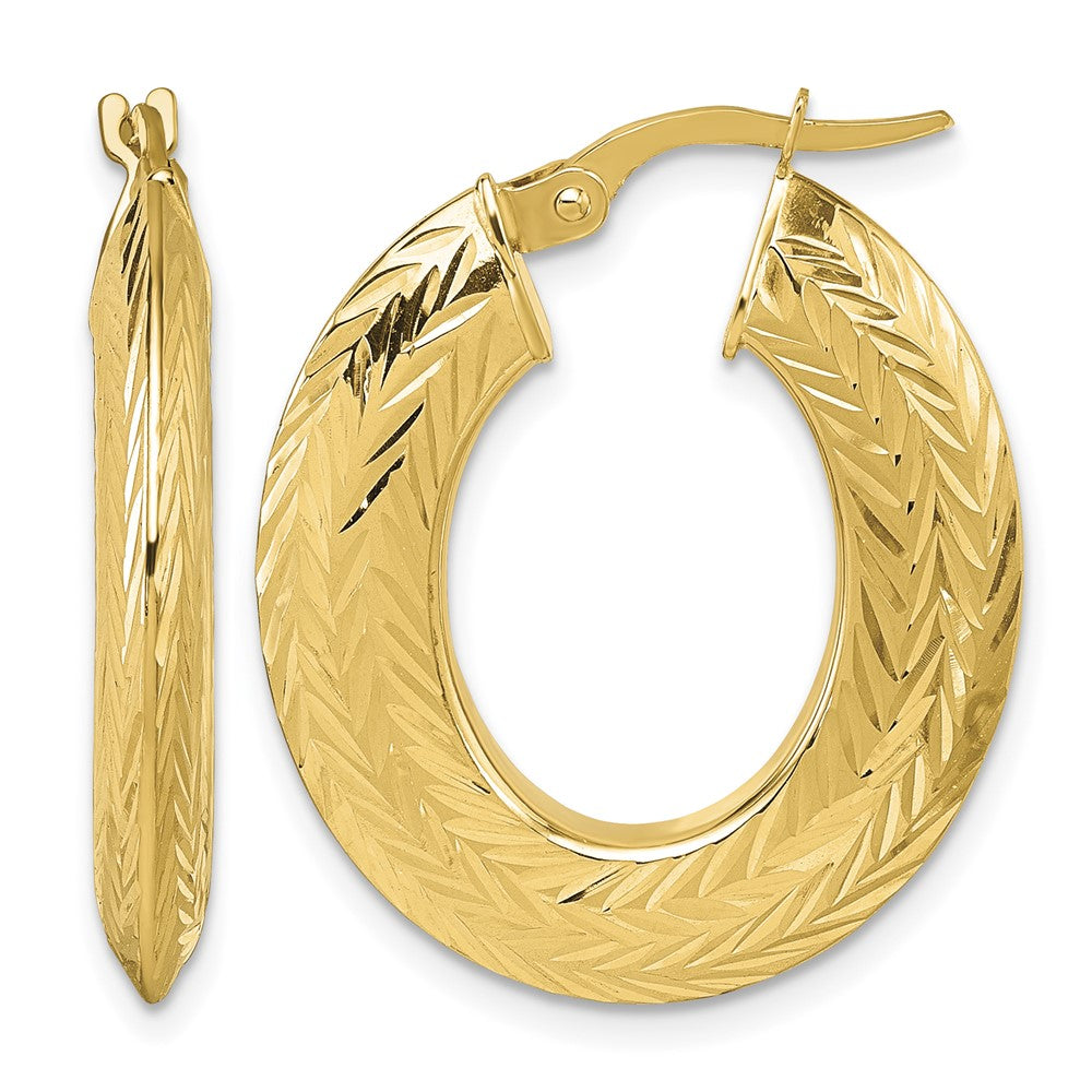 14K Polished and Diamond-cut Oval Hoop Earrings