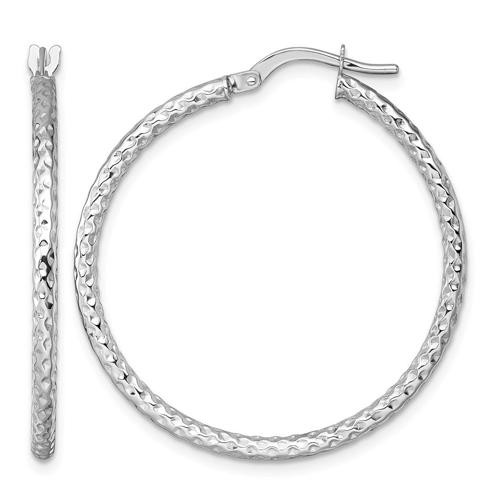 14k White Gold Polished Diamond-cut Hoop Earrings