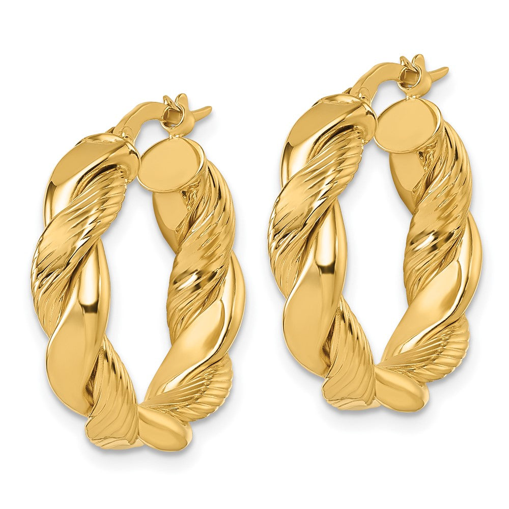 14K Polished and Textured Twisted Hoop Earrings