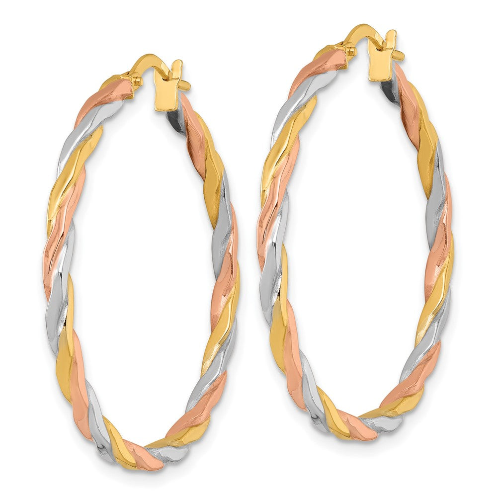 14k w/Rose and White Rhodium Twist Hoop Earrings
