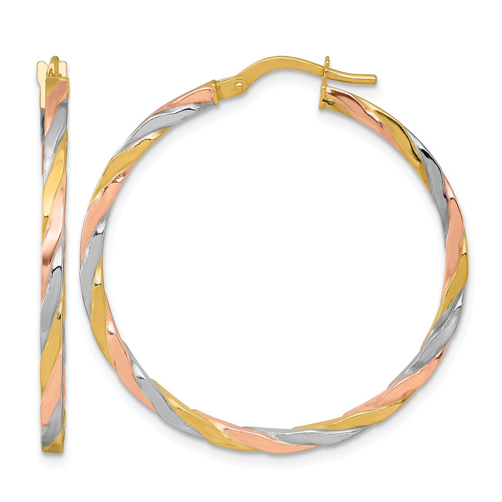 14k w/Rose and White Rhodium Twist Hoop Earrings