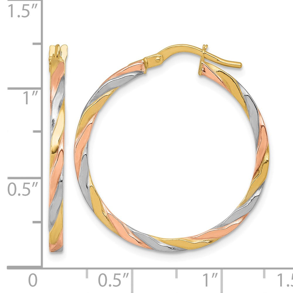 14k w/Rose and White Rhodium Twist Hoop Earrings