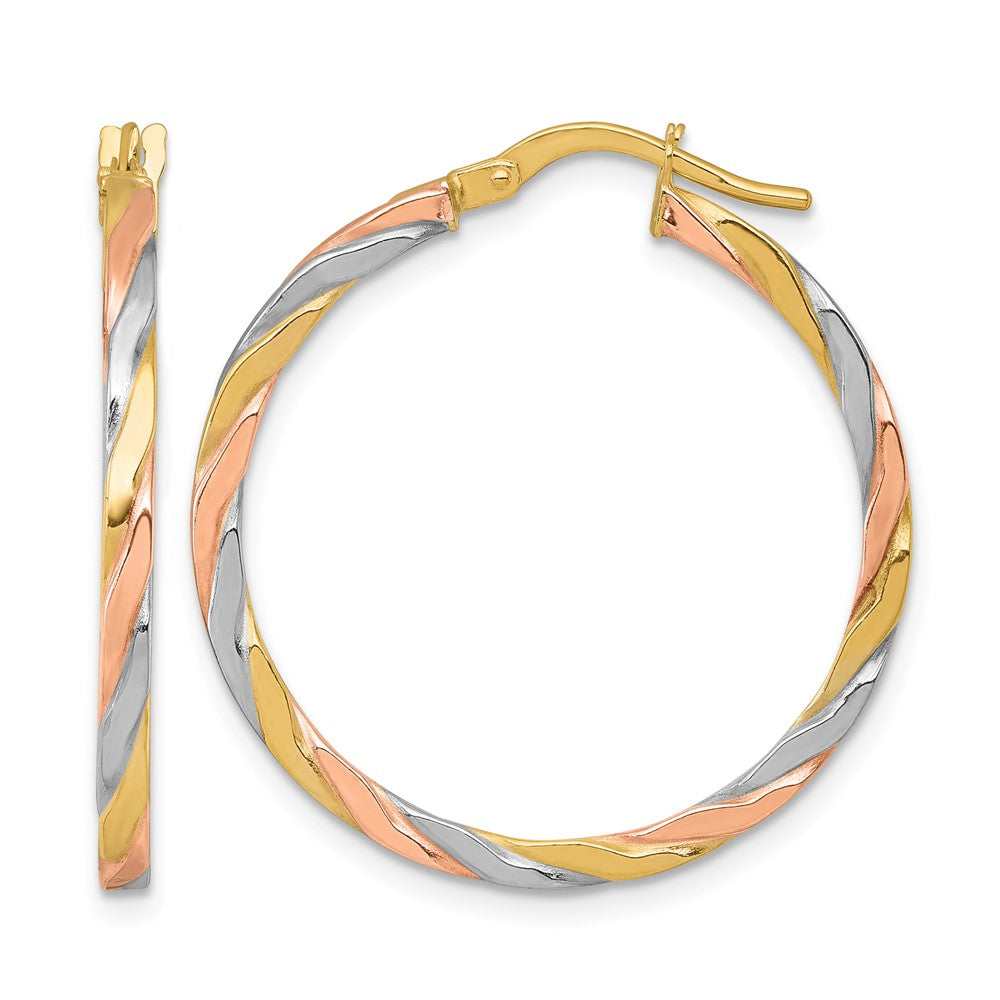 14k w/Rose and White Rhodium Twist Hoop Earrings